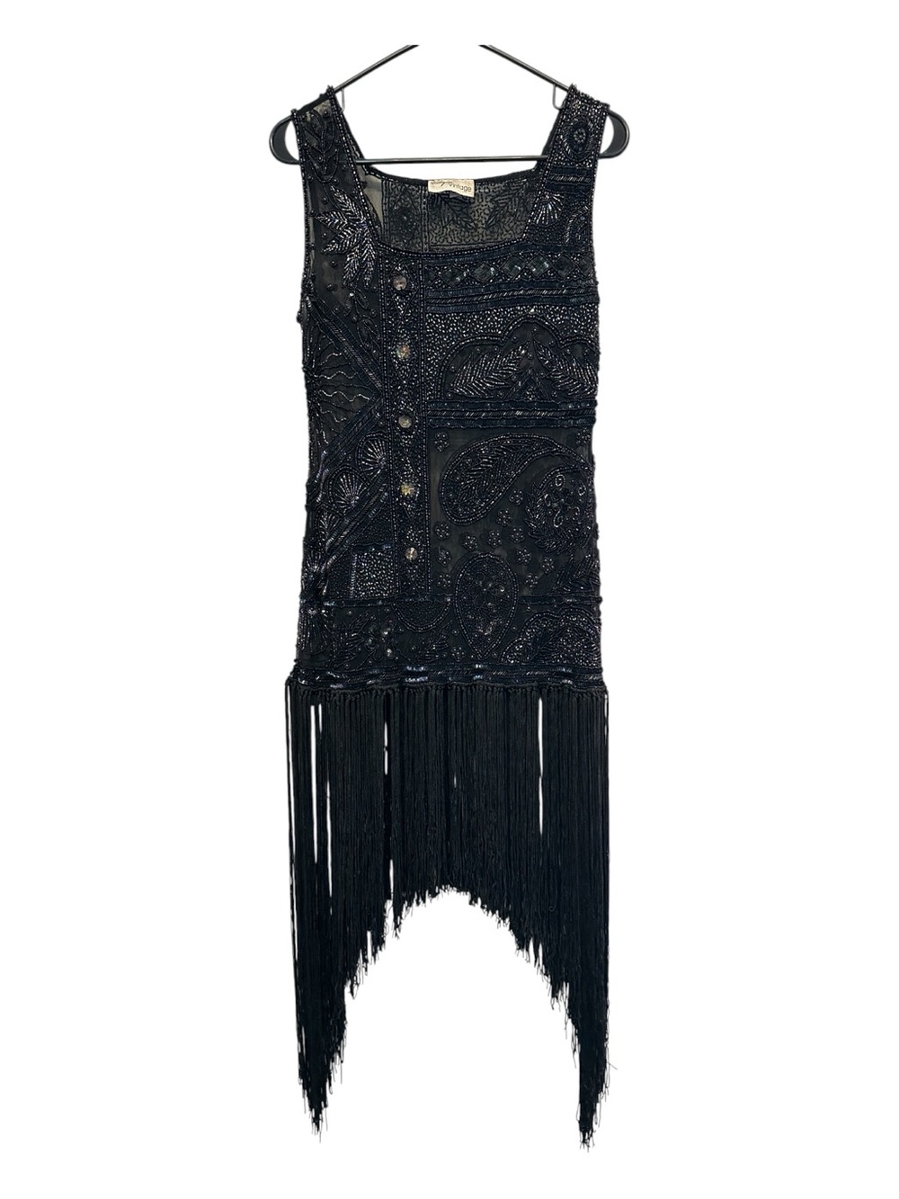 Unique Vintage 1920’s Inspired Sheer Black Beaded Fringe Midi Dress Small